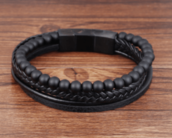 Braided Layers Black Beads Leather Bracelet - Grooveman Music