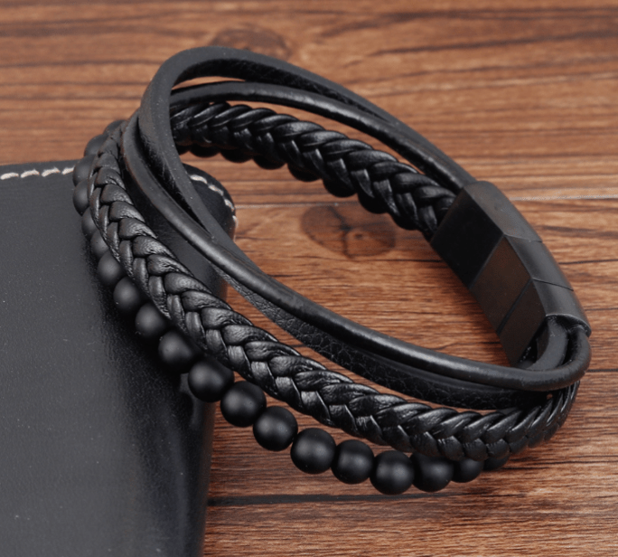 Grooveman Music Jewelry Black / Large Breaded Layers Black Beads Leather Bracelet