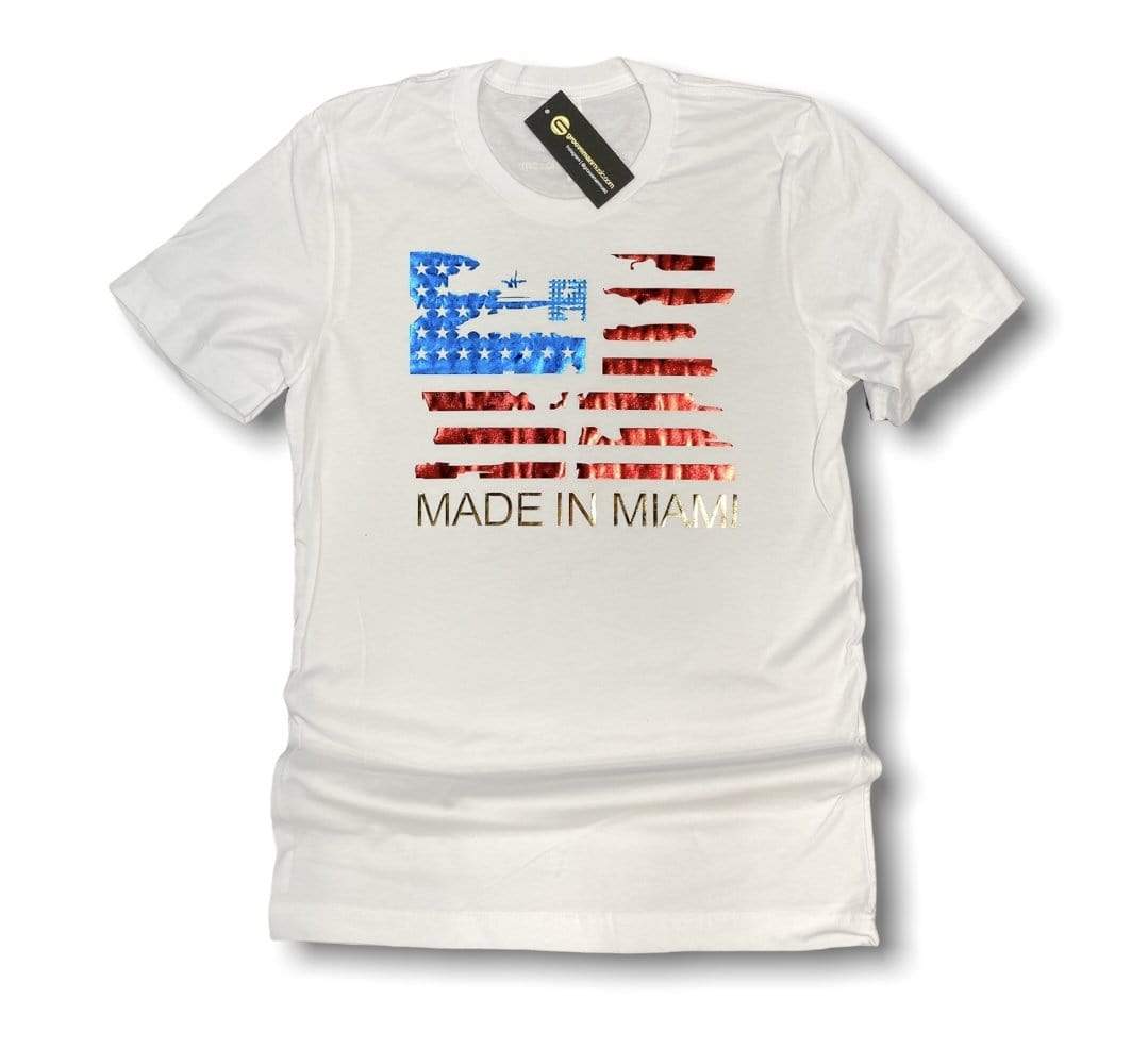 Grooveman Music T Shirt T Shirt | American Flag Metallic White Edition
