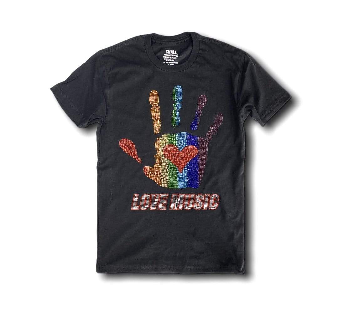 Grooveman Music Women Tees Rhinestone Boyfriend T-Shirt | Love Music Rainbow