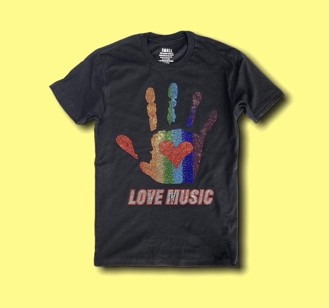 Grooveman Music Women Tees Rhinestone Boyfriend T-Shirt | Love Music Rainbow