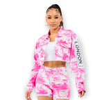 Blooming Wash Printed Fashion Tour Patchwork Denim Jacket Hot Pink