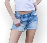 Distressed Mid Rise Shorts with Raw Fray Hem