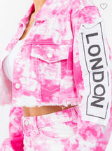 Blooming Wash Printed Fashion Tour Patchwork Denim Jacket Hot Pink