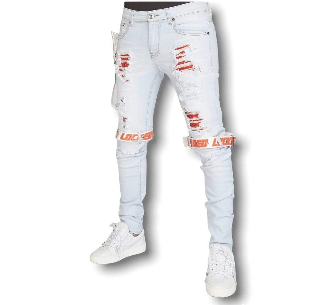Locked & Loaded Shorts Locked & Loaded Jeans - Straps - Light Wash And Orange - LLCDP0925569