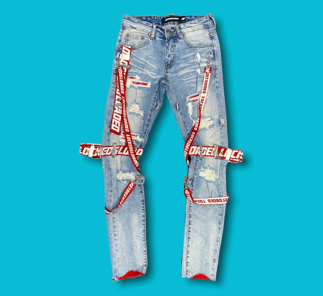Locked & Loaded Shorts Locked & Loaded Jeans - Straps - Light Blue And Red -