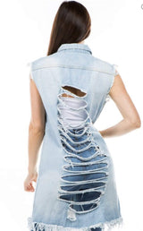 Rebel Groove Jackets Distressed Long Length Light Denim Vest with Multi Cut Back