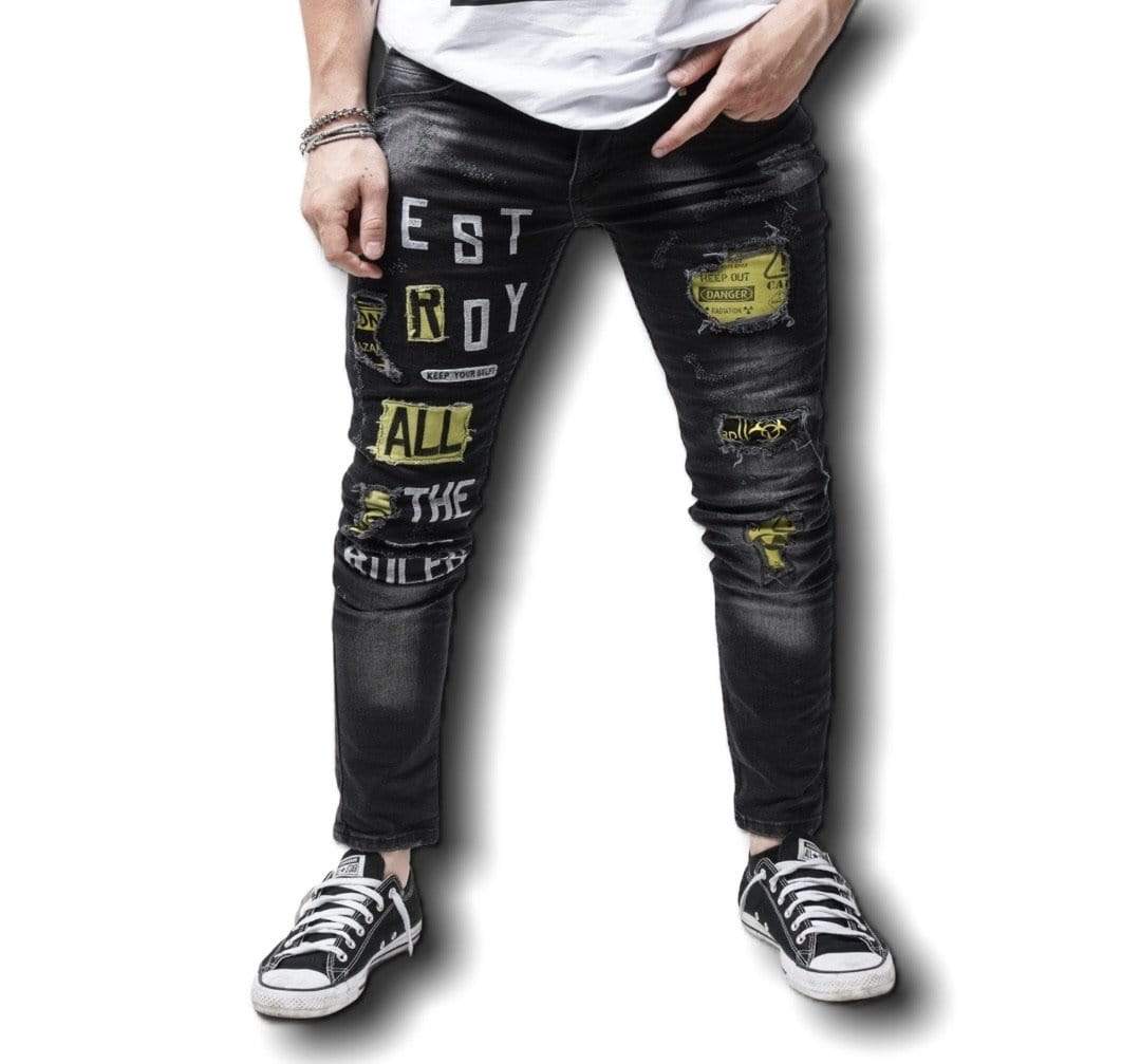 Rebel Groove Jeans Skinny Yellow Patched Destroy All Rules Denim Black