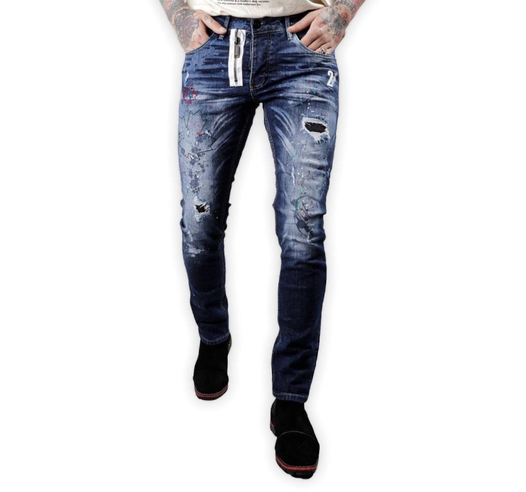 Rebel Groove Jeans Xway Blue Denim Leaf Stitch Skinny Jeans