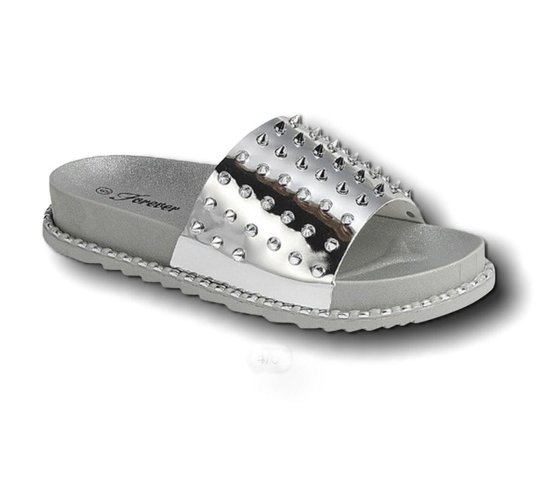 Rebel Groove Shoes Slide Sandal with Spikes Silver
