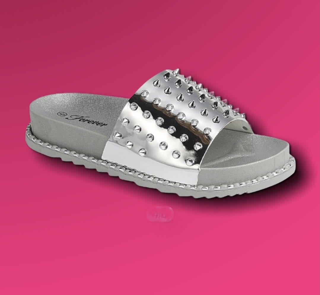 Rebel Groove Shoes Slide Sandal with Spikes Silver
