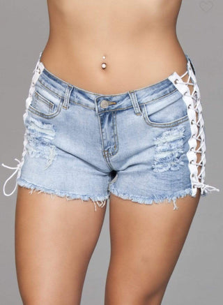 Rebel Groove Shorts Destroyed Denim Blue Shorts With Side Laces